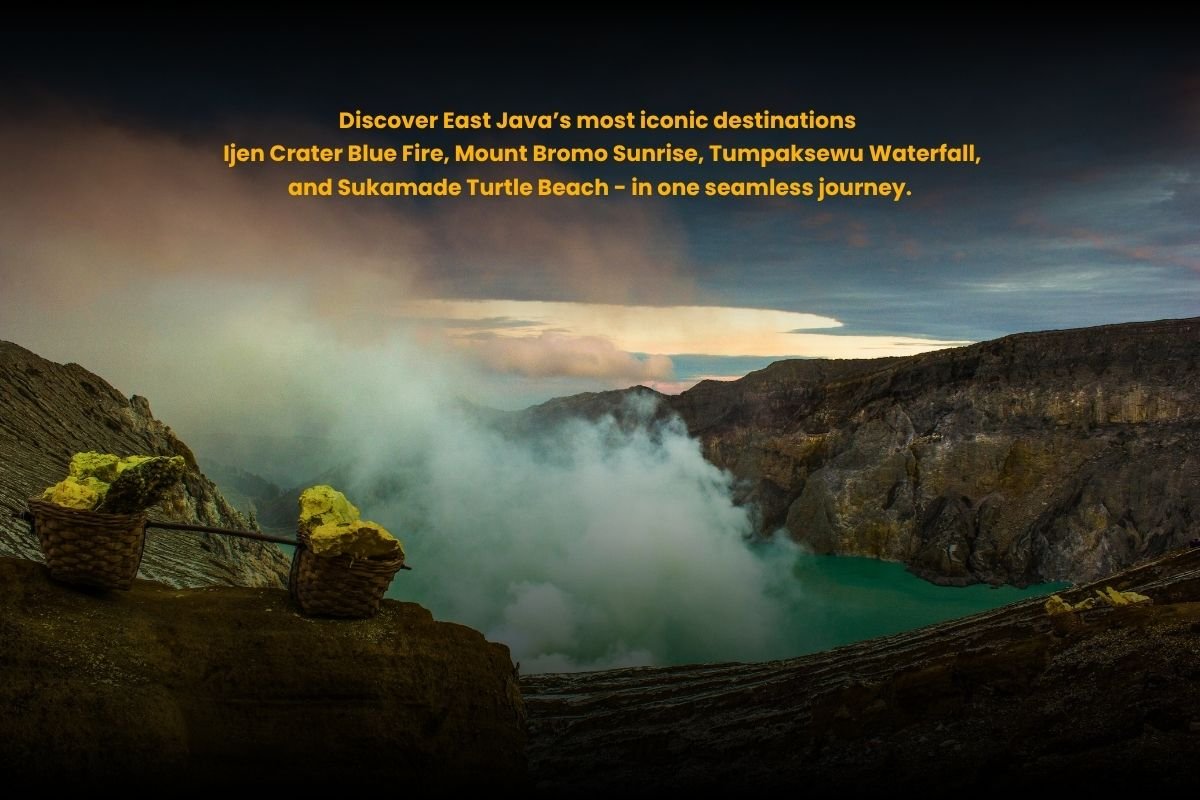 Discover East Java’s most iconic destinations - Ijen Crater Blue Fire, Mount Bromo Sunrise, Tumpaksewu Waterfall, and Sukamade Turtle Beach - in one seamless journey.