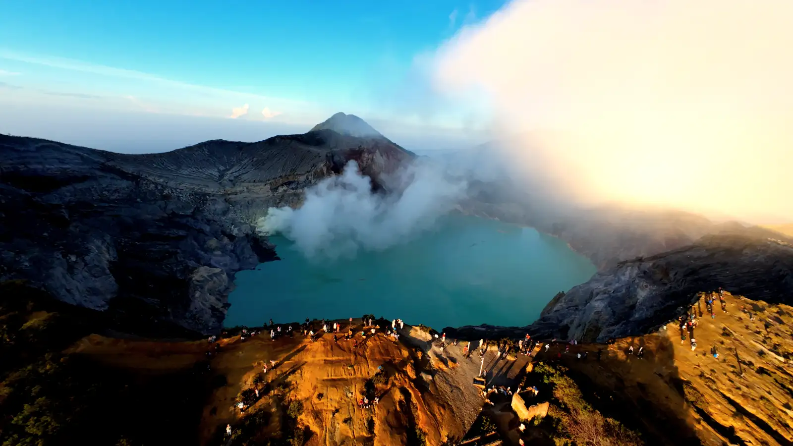 Ijen Crater Turquoise Lake 2026 Aerial view of the turquoise volcanic acid lake at Kawah Ijen Crater in East Java