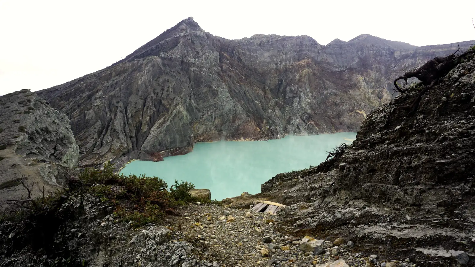 Hiking the Ijen Crater Rim Hikers standing on the rim of Ijen Crater with the lake below showing dimensions