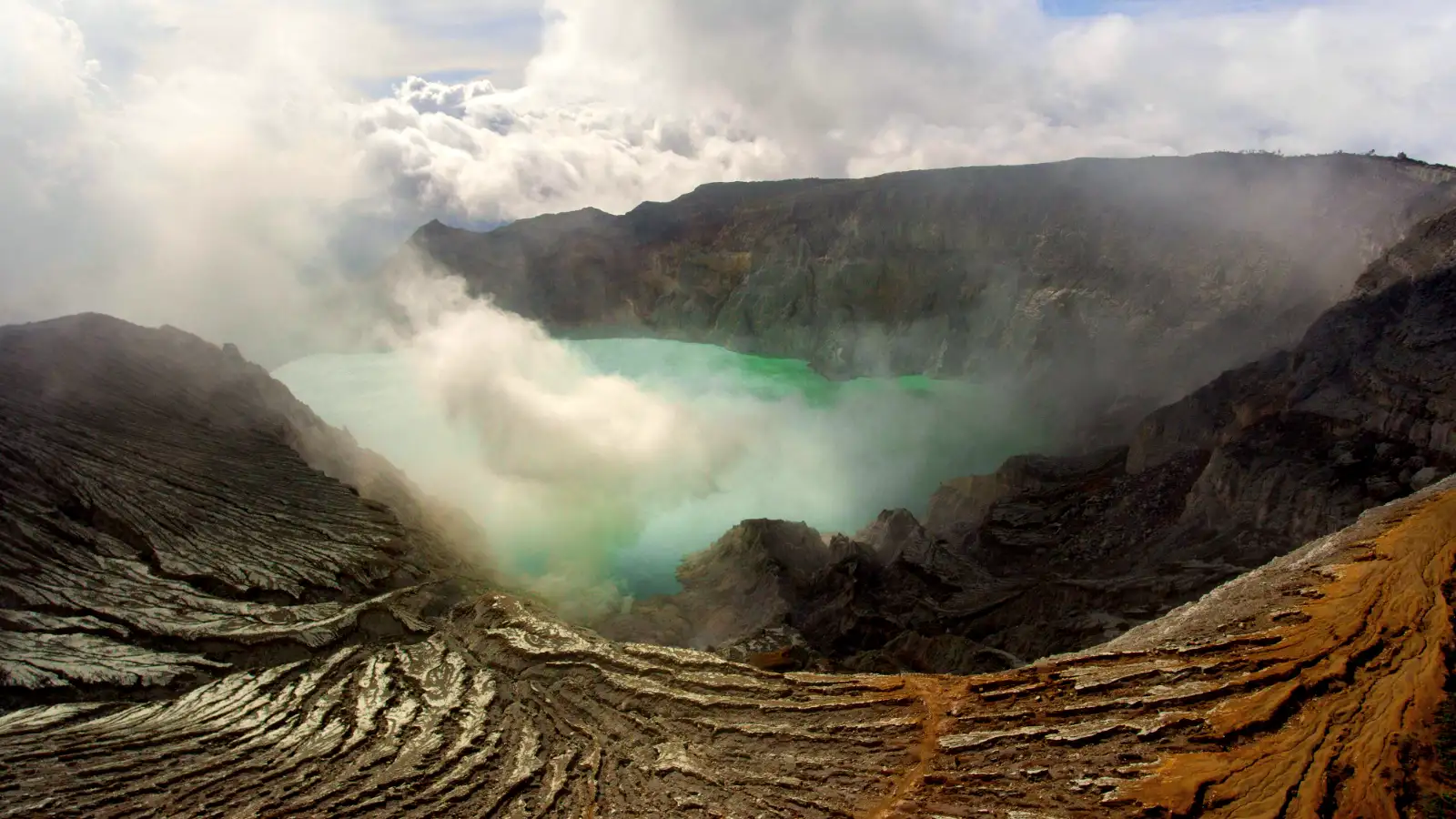 The Immense Scale of Ijen Caldera Wide panoramic view of the massive Ijen Caldera rim and volcanic landscape
