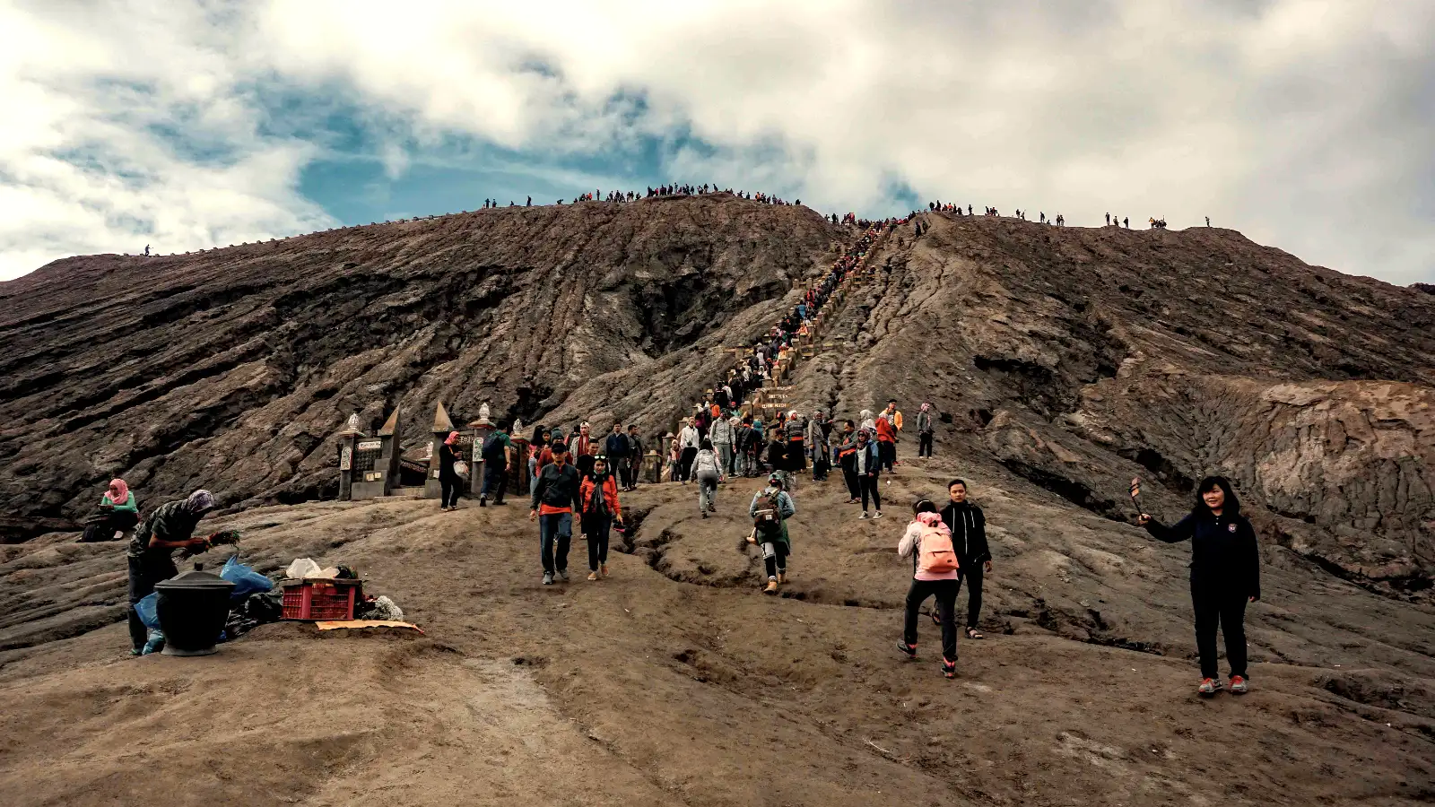 Mount Bromo crater and Sea of Sand from an elevated viewpoint