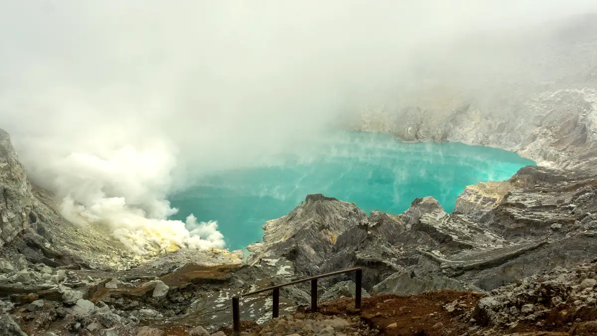 Ijen Blue Fire Phenomenon The glowing blue fire and sulfur smoke at the bottom of Ijen Crater